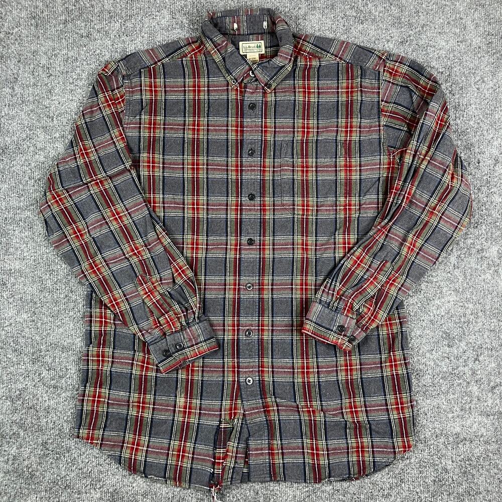 LL Bean Flannel Shirt Mens Size L Tall Gray Red Plaid Long Sleeve Casual